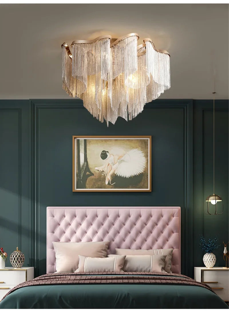 Modern Luxury Tassels Aluminum Chain Chandelier with Remote Control Chrome Dimmable Ceiling Lights for Living Room Bedroom Decor