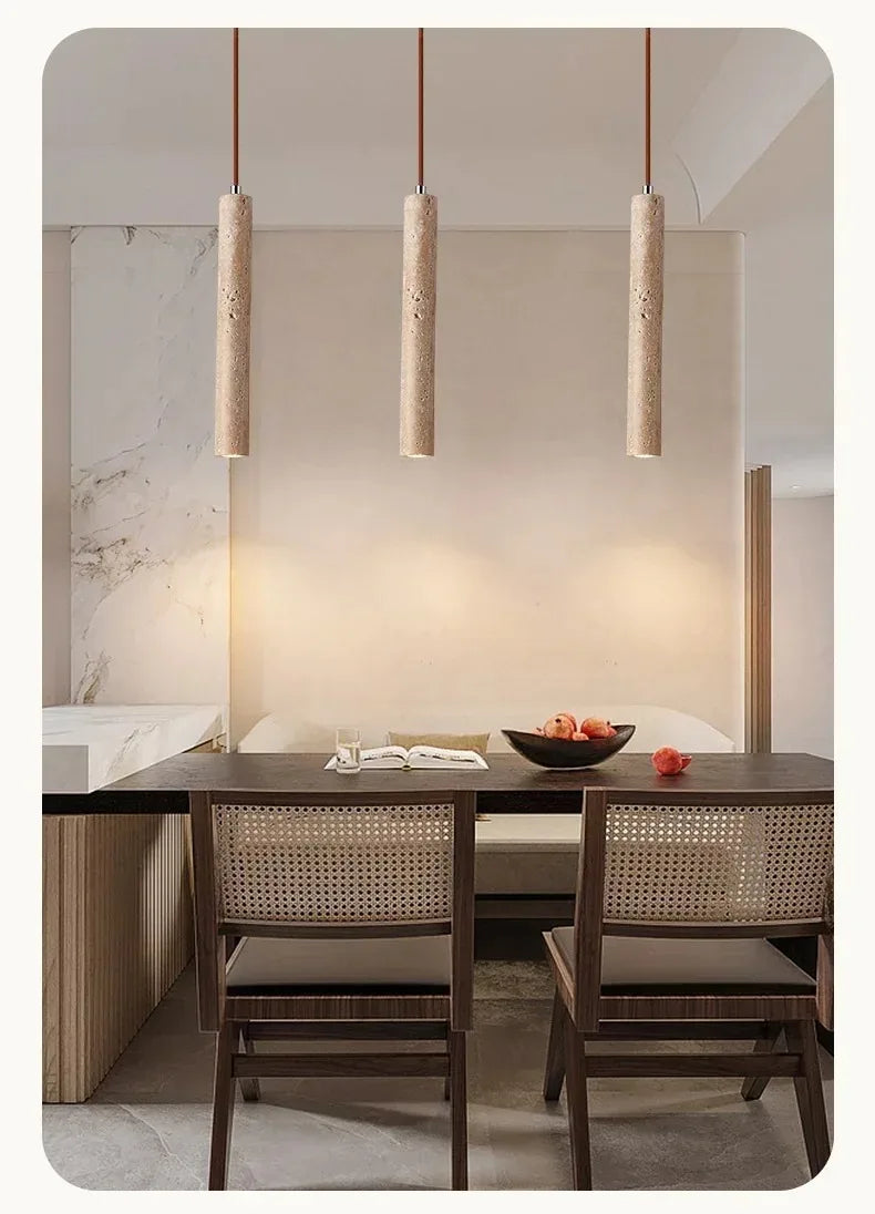 Led Pendant Lamp Long Tube Wood Ceiling Lamp Japan Style Quiet Wind Bedroom Bedside Chandelier Retro Modern Travertine Lighting