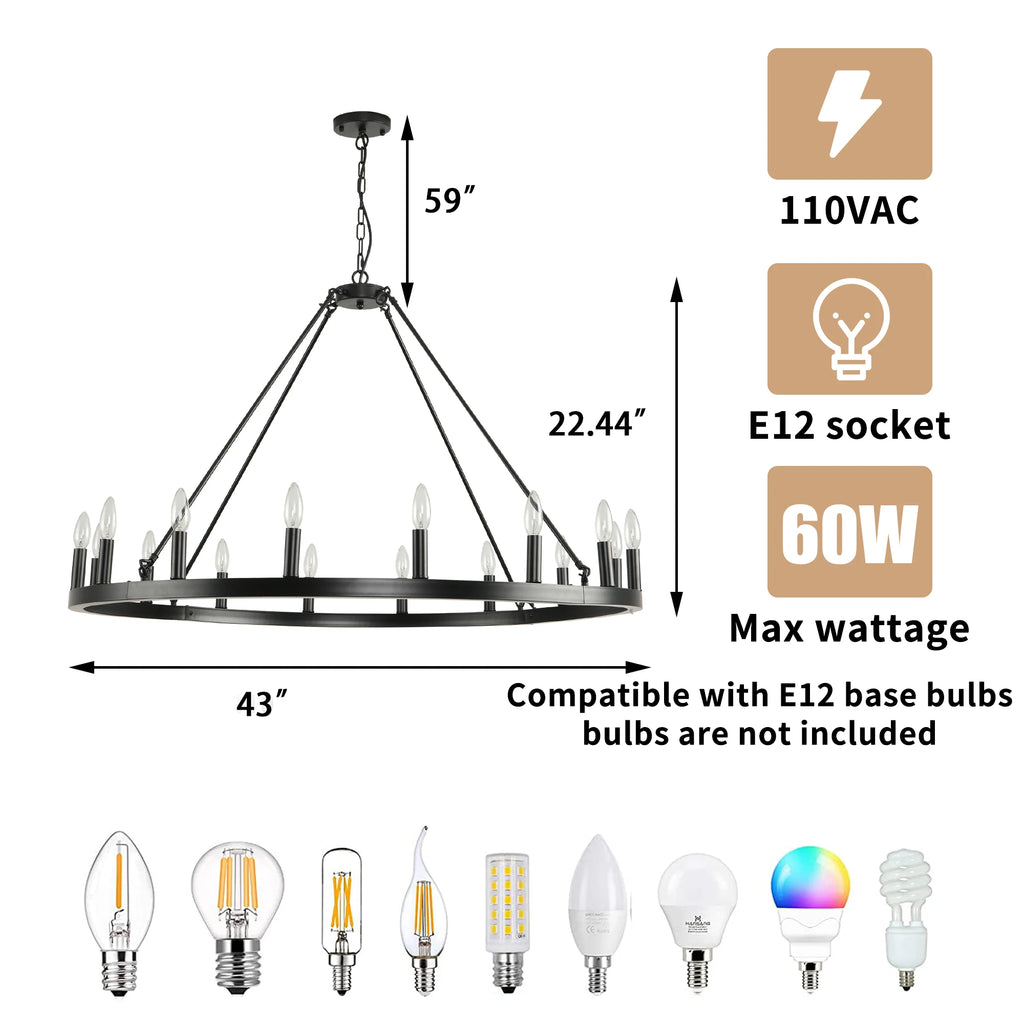 16-Light Wagon Wheel Chandelier Round Matte 43 inch Modern Rustic Farmhouse Pendant Light Large Chandeliers for Living Room