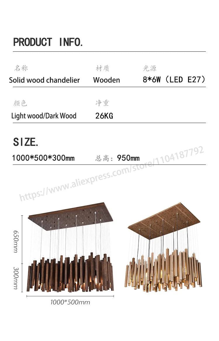 Retro Wooden Hanging Chandelier Light Dining Table Solid Wood Led Pendant Lamp Living Room Kitchen Chandelier Lighting Fixture