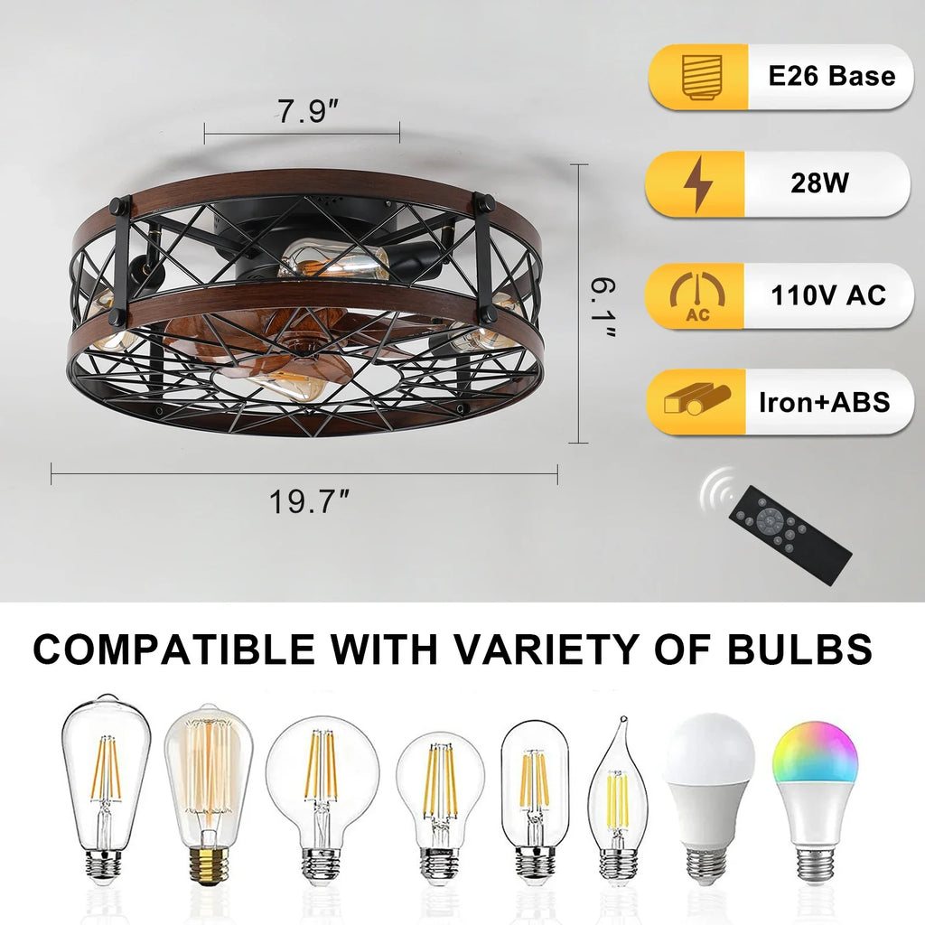 ARLGSITE Caged Ceiling Fans with Lights Black, 20 inch Flush Mount Ceiling Fan Light, Farmhouse Small Ceiling Fan Bulbs Included