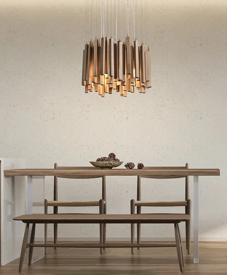 Retro Wooden Hanging Chandelier Light Dining Table Solid Wood Led Pendant Lamp Living Room Kitchen Chandelier Lighting Fixture