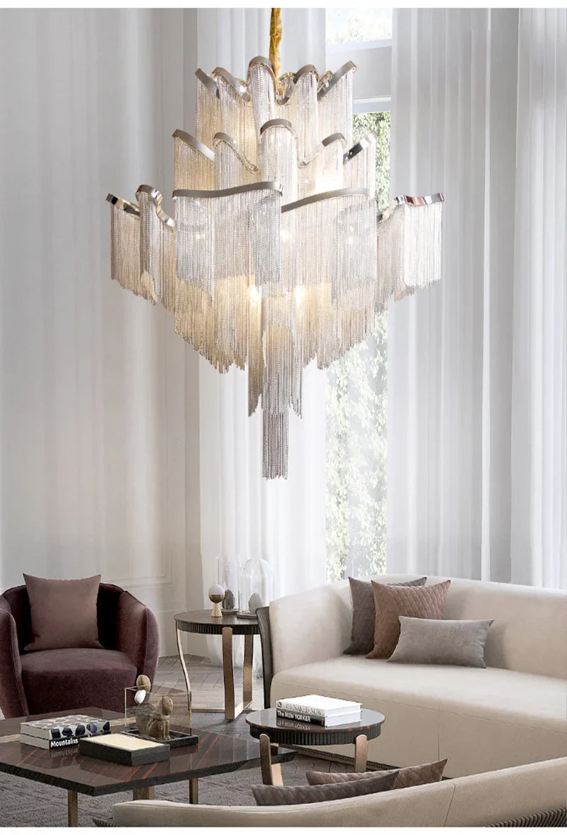 Modern Luxury Tassels Aluminum Chain Chandelier with Remote Control Chrome Dimmable Ceiling Lights for Living Room Bedroom Decor