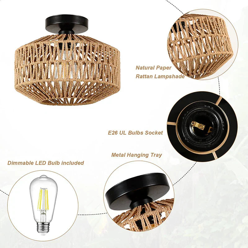 Natural Rattan Ceiling Light Chandelier Hanging E27 Lamp Handmade Fixture Weaving Home Living Room Decor Ceiling Pendant Light