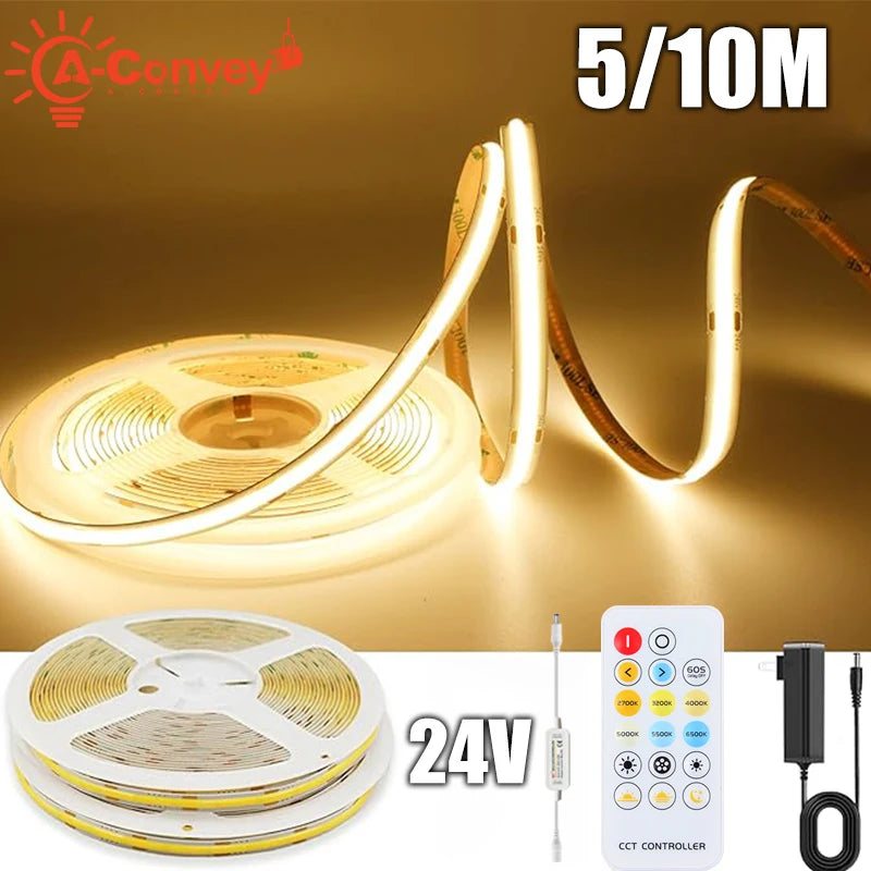 24V COB LED Strip Lights Dimmable With Remote Control 5/10M Flexible Tape Lamp for Indoor Kitchen Under Cabinet Home Decor