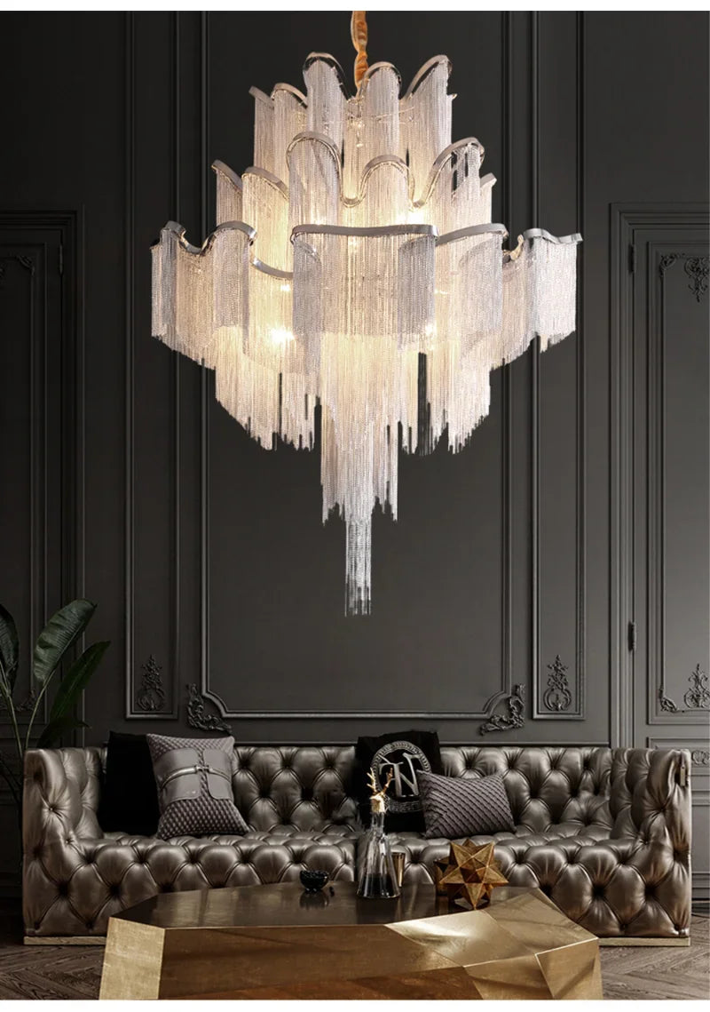 Modern Luxury Tassels Aluminum Chain Chandelier with Remote Control Chrome Dimmable Ceiling Lights for Living Room Bedroom Decor