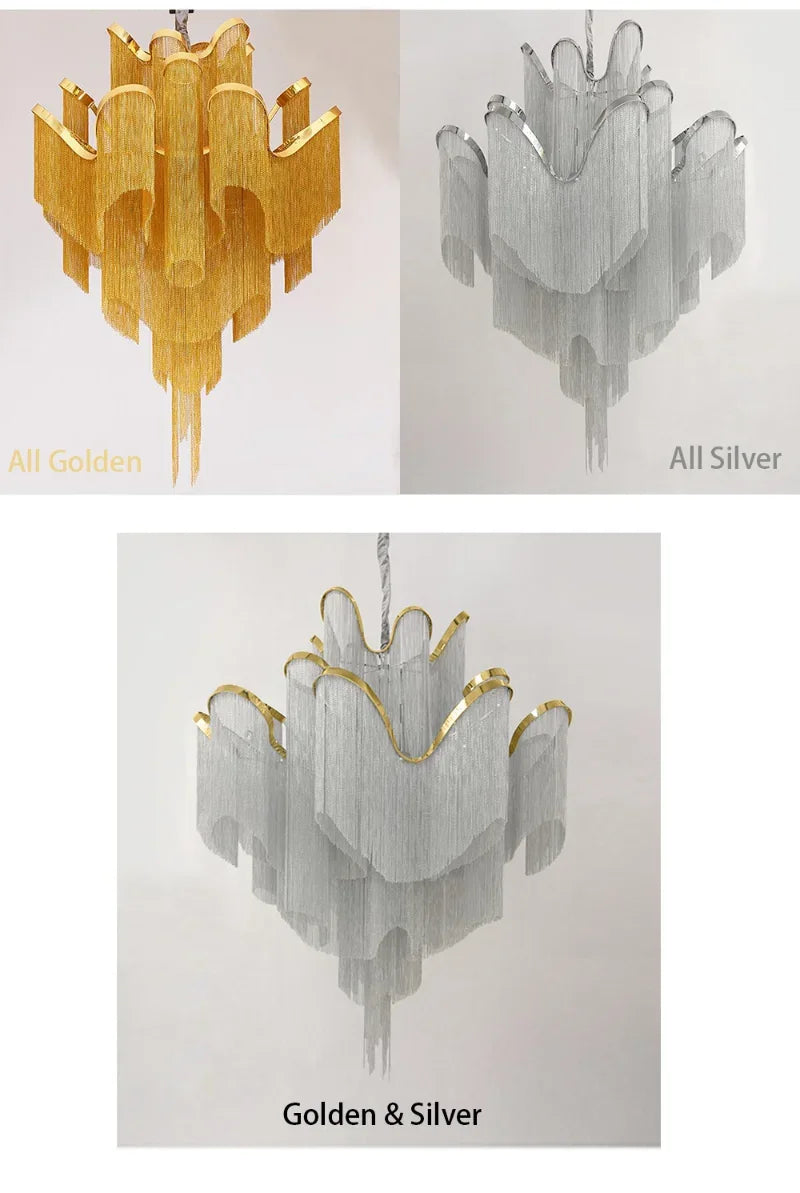 Modern Luxury Tassels Aluminum Chain Chandelier with Remote Control Chrome Dimmable Ceiling Lights for Living Room Bedroom Decor