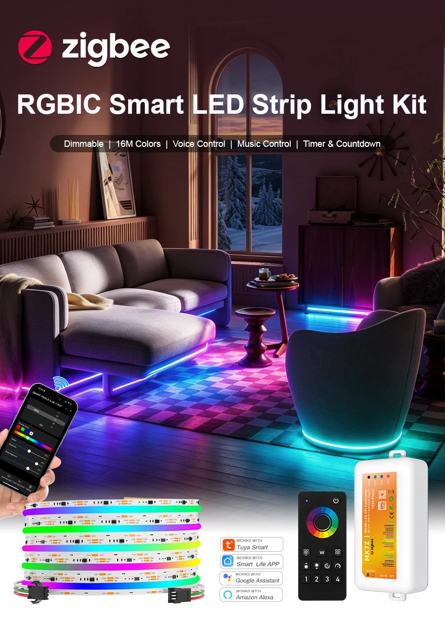 Zigbee Addressable RGB LED Strip Light 24V WS2811 RGBIC COB LED Strip Pixel LED Ribbon Light Kit SPI Full Dream Color LED Tape