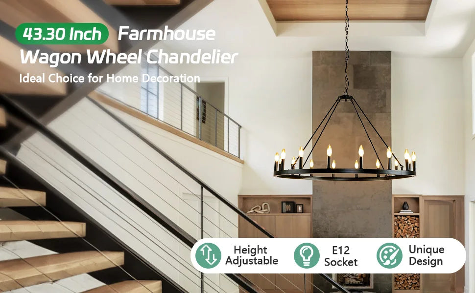 16-Light Wagon Wheel Chandelier Round Matte 43 inch Modern Rustic Farmhouse Pendant Light Large Chandeliers for Living Room