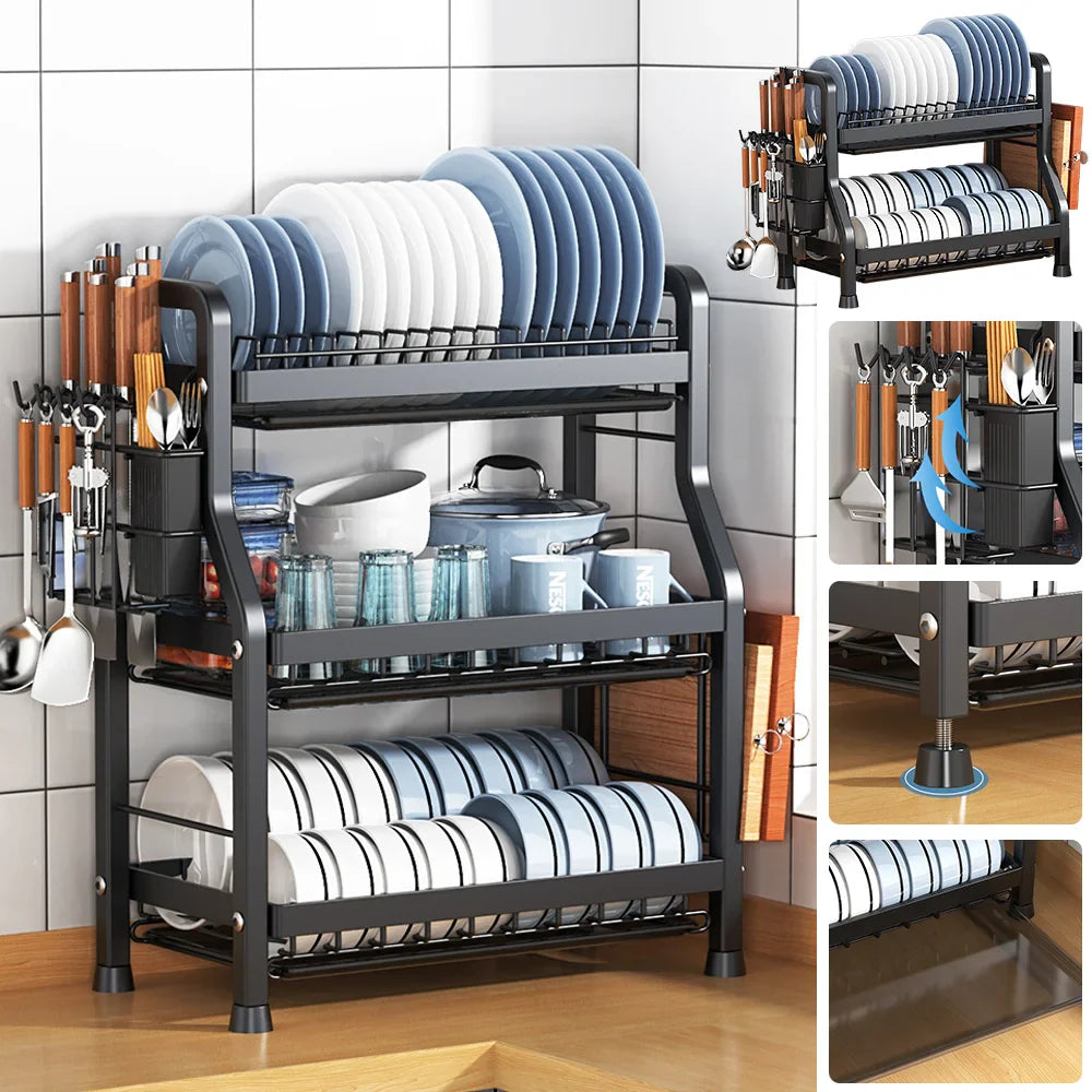 2 Tier/3 Tier Dish Drying Rack Compact Kitchen Dish Rack Drainboard Set Rust-Proof Dish Drainer with Utensil Holder