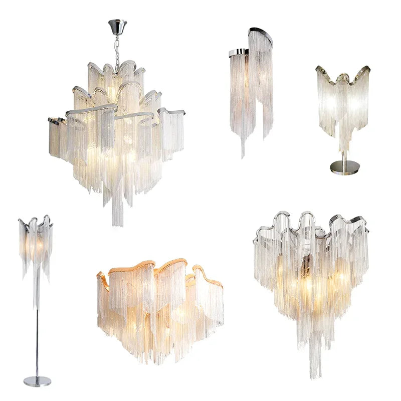 Modern Luxury Tassels Aluminum Chain Chandelier with Remote Control Chrome Dimmable Ceiling Lights for Living Room Bedroom Decor