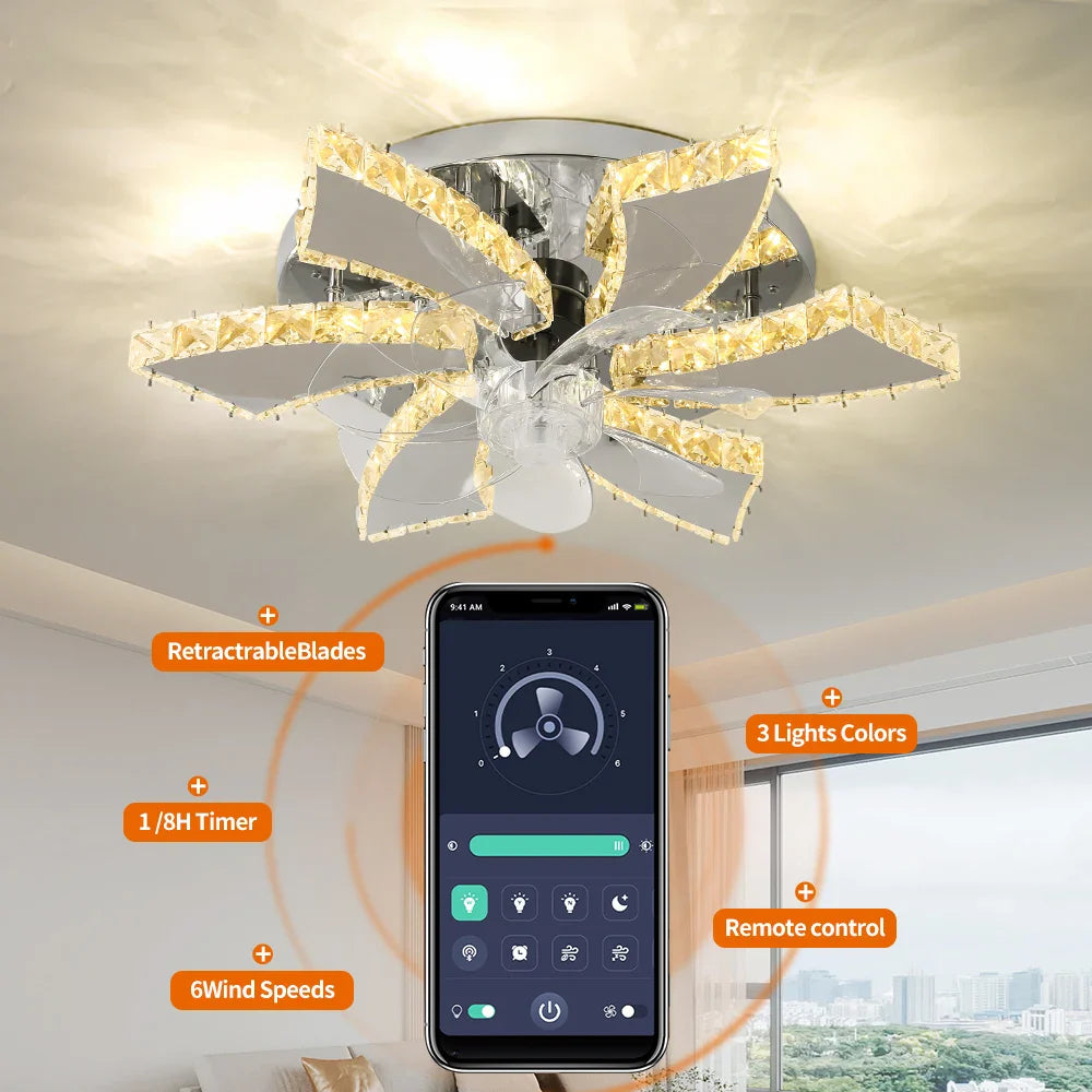 VETRULUS Modern Ceiling Fan Light Led Fan Lamp Smart APP RC Luxury Crystal Chandelier Home Decor Appliance Fixture Living Dining