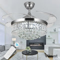 42 inch Fandelier Crystal Ceiling Fans with Lights and Remote Modern Retractable Chandelier Fan LED Ceiling Fan Light Kit
