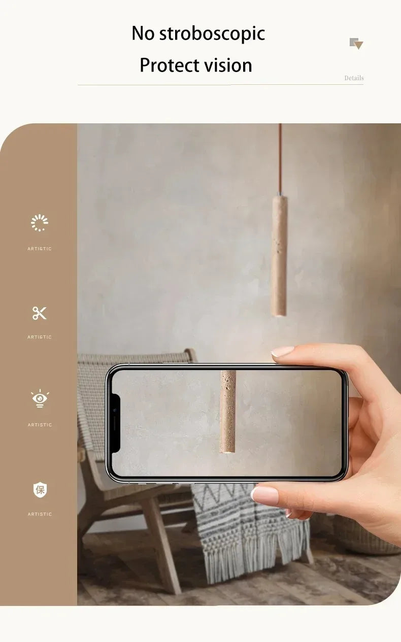 Led Pendant Lamp Long Tube Wood Ceiling Lamp Japan Style Quiet Wind Bedroom Bedside Chandelier Retro Modern Travertine Lighting