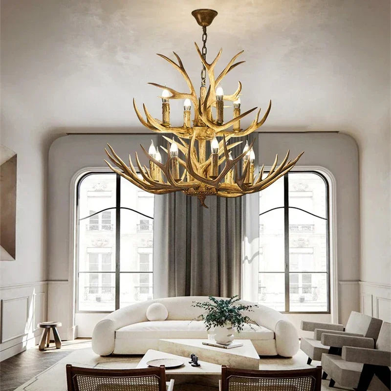 America Style Antler Deer Chandelier For Living Room Loft Large Resin Deer Hanging Lamp Fixture Farmhouse BIg Hanging Light