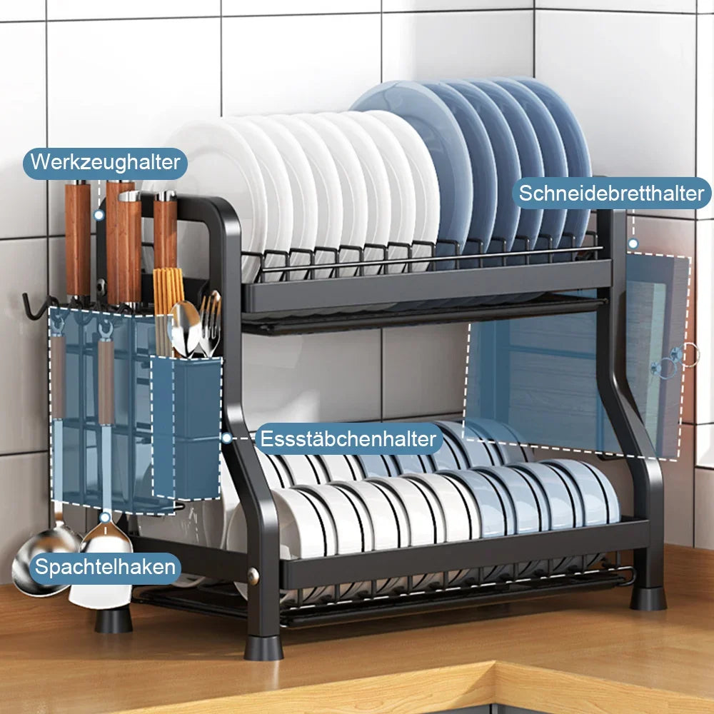 2 Tier/3 Tier Dish Drying Rack Compact Kitchen Dish Rack Drainboard Set Rust-Proof Dish Drainer with Utensil Holder
