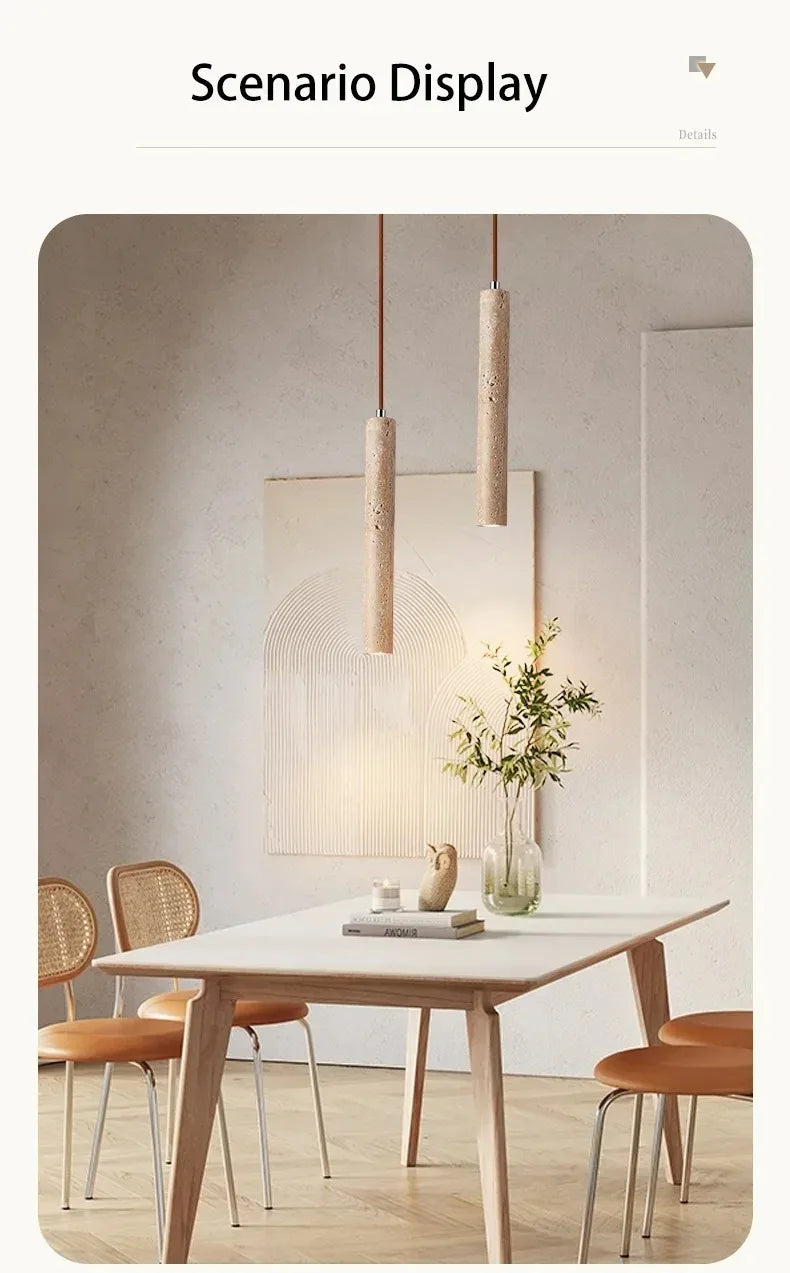 Led Pendant Lamp Long Tube Wood Ceiling Lamp Japan Style Quiet Wind Bedroom Bedside Chandelier Retro Modern Travertine Lighting
