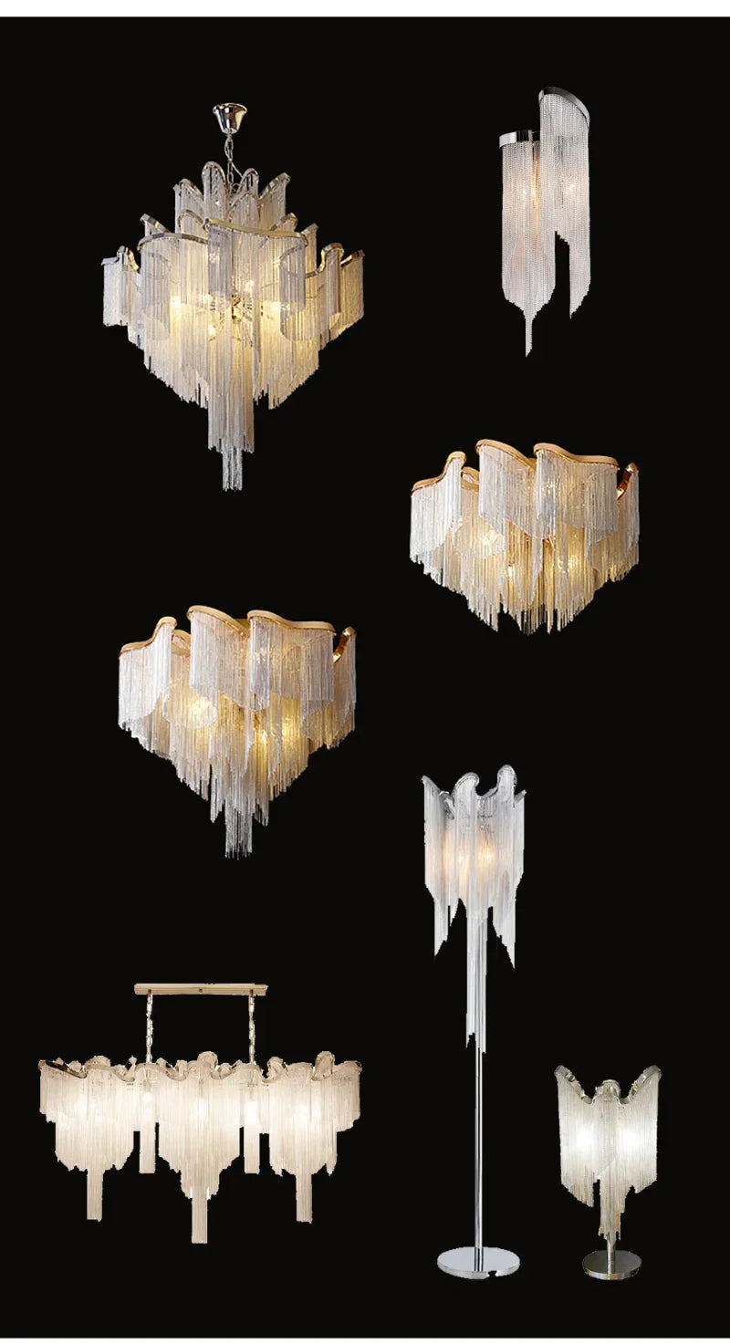 Modern Luxury Tassels Aluminum Chain Chandelier with Remote Control Chrome Dimmable Ceiling Lights for Living Room Bedroom Decor