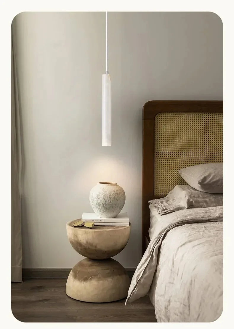 Led Pendant Lamp Long Tube Wood Ceiling Lamp Japan Style Quiet Wind Bedroom Bedside Chandelier Retro Modern Travertine Lighting