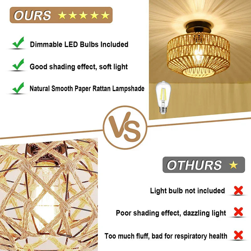 Natural Rattan Ceiling Light Chandelier Hanging E27 Lamp Handmade Fixture Weaving Home Living Room Decor Ceiling Pendant Light