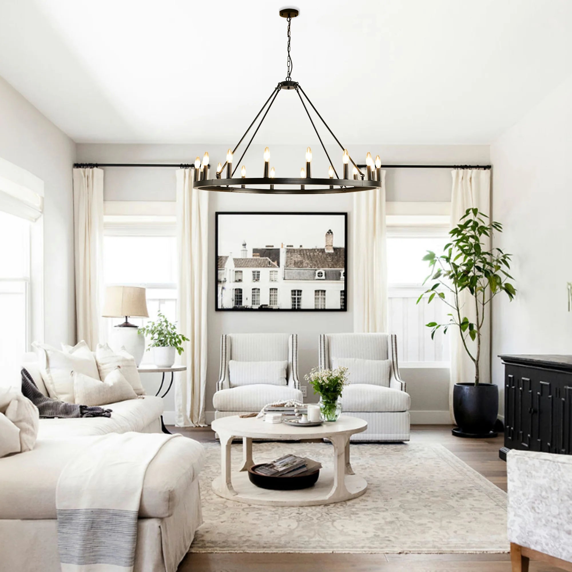 16-Light Wagon Wheel Chandelier Round Matte 43 inch Modern Rustic Farmhouse Pendant Light Large Chandeliers for Living Room