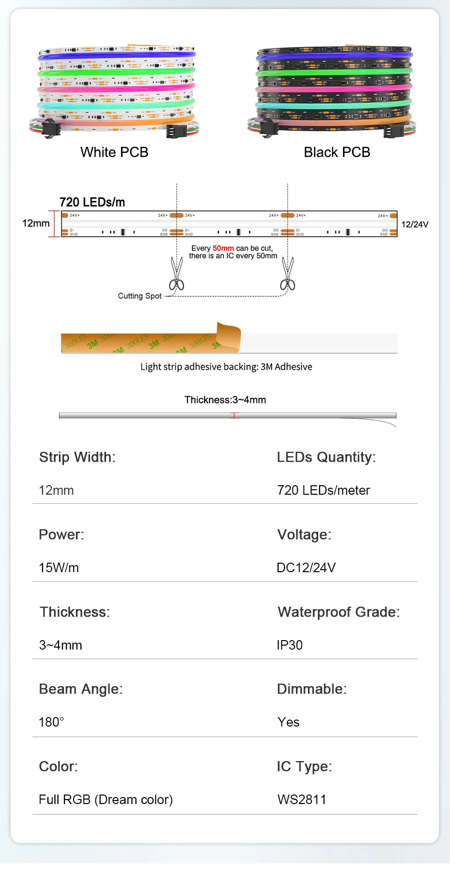 Zigbee Addressable RGB LED Strip Light 24V WS2811 RGBIC COB LED Strip Pixel LED Ribbon Light Kit SPI Full Dream Color LED Tape