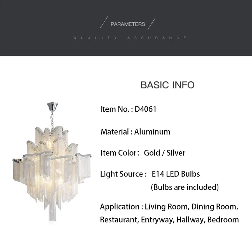 Modern Luxury Tassels Aluminum Chain Chandelier with Remote Control Chrome Dimmable Ceiling Lights for Living Room Bedroom Decor
