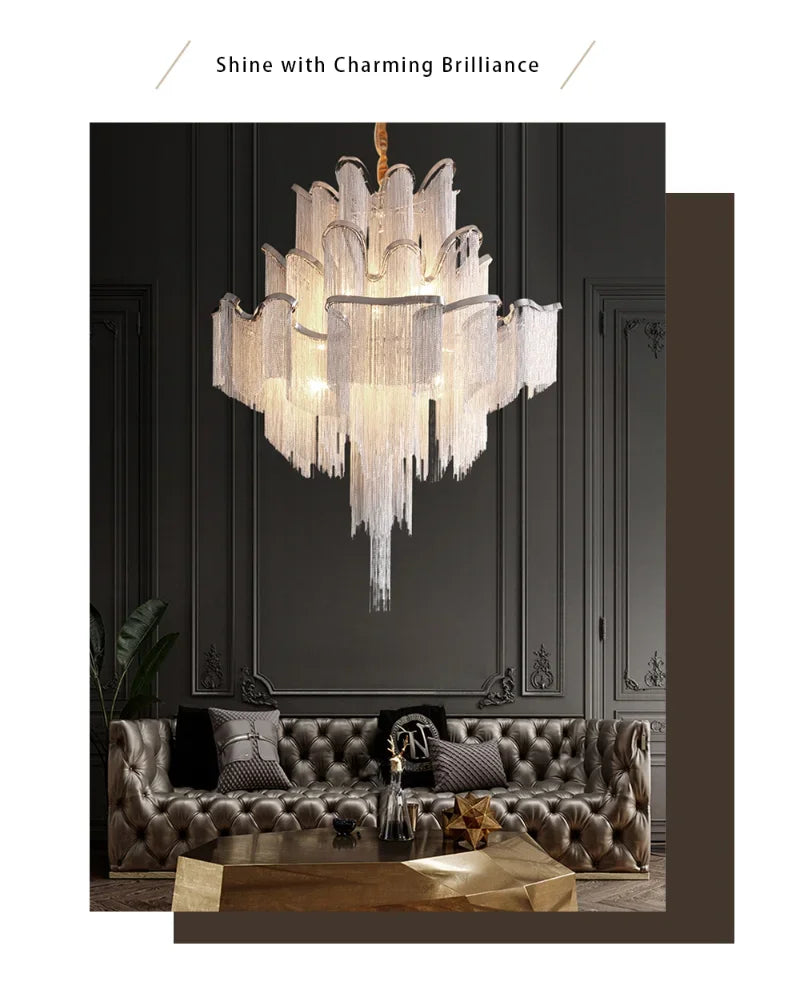 Modern Luxury Tassels Aluminum Chain Chandelier with Remote Control Chrome Dimmable Ceiling Lights for Living Room Bedroom Decor